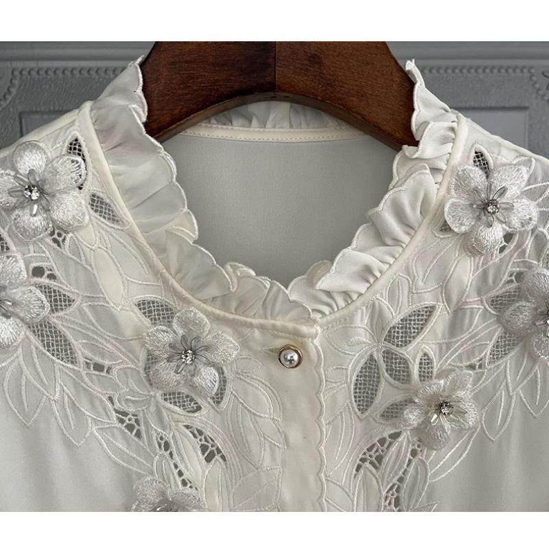 Весенне-осенняя элегантная блузка из искусственного шелка, женская новая однотонная повседневная блузка, свободный белый топ с воротником-стойкой и рюшами, топ с длинными рукавами