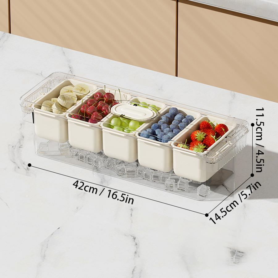 Ice Chilled Condiment Caddy with 5 Containers, Fruit Plate Server with Lids, Serving Tray Platter with Removable Dishes