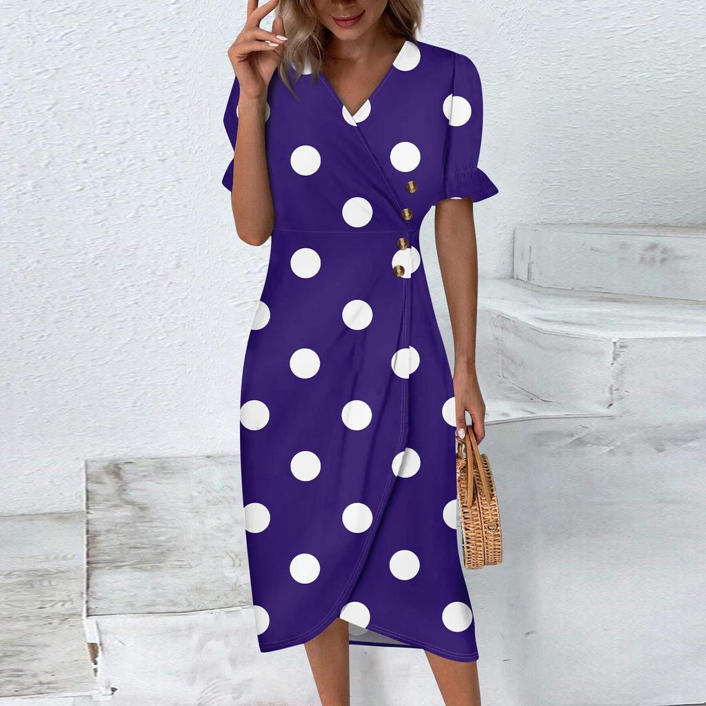 Женская пляжная юбка Элегантное весенне-летнее платье с v-образным вырезом и принтом в горошек Плиссированная длинная юбка