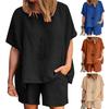 Yousheng Women's Cotton Linen 2-Piece Outfit Short Sleeve Crewneck Pullover Top And Shorts Set with Pockets Summer Casual Loungewear Tracksuit