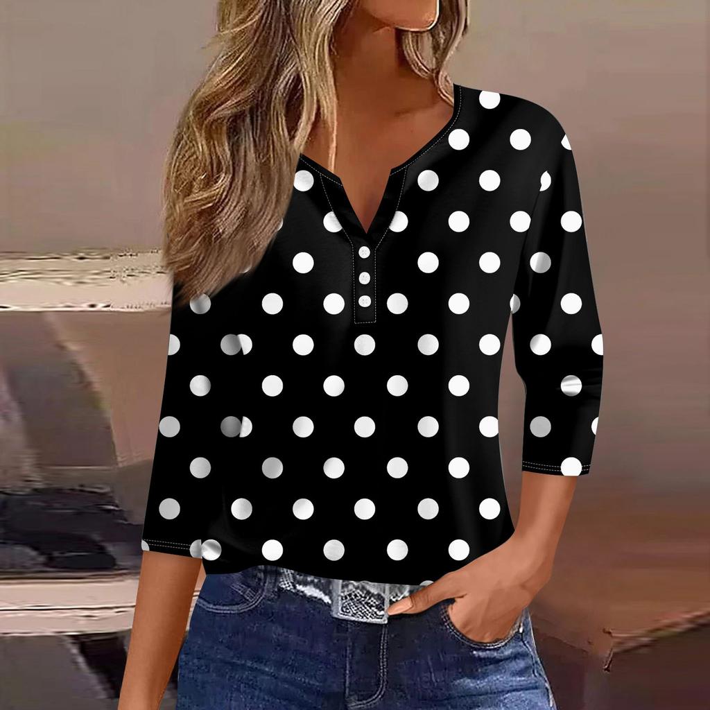 Жен. Футболка Футболка С принтом Пуговицы Рукав 3/4 Повседневные Выходные Мода Классический Классический V-образный вырез Обычный Верх