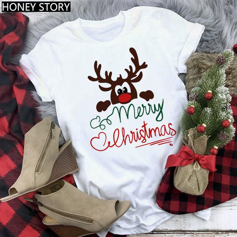 Kawaii Cartoon Merry Christmas Tree Graphics Women T-Shirts 90S Summer Short Sleeves Loose Round Neck Female Y2K Tops