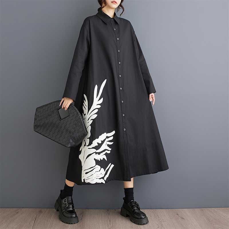 Loose Large Size Splicing Casual Simple Printed Sweet Long Sleeve Shirt Dresses