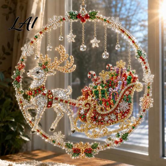 Holiday Themed Craft Kits Christmas Faux Diamond Art Ornament DIY Santa Claus Sun Catcher Kit Rhinestone Crafts for Adults Xmas Wreath Hanging