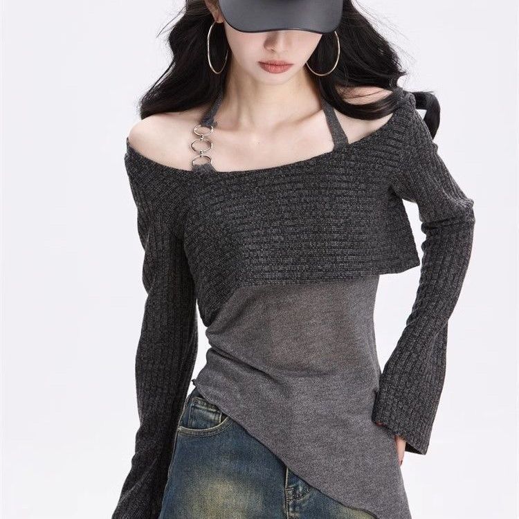 Y2k Off Shoulder Knitted Women T-shirts Set Sexy Korean Style Asymmetric Halter Tops Gyaru Crop Long Sleeve Autumn Tees