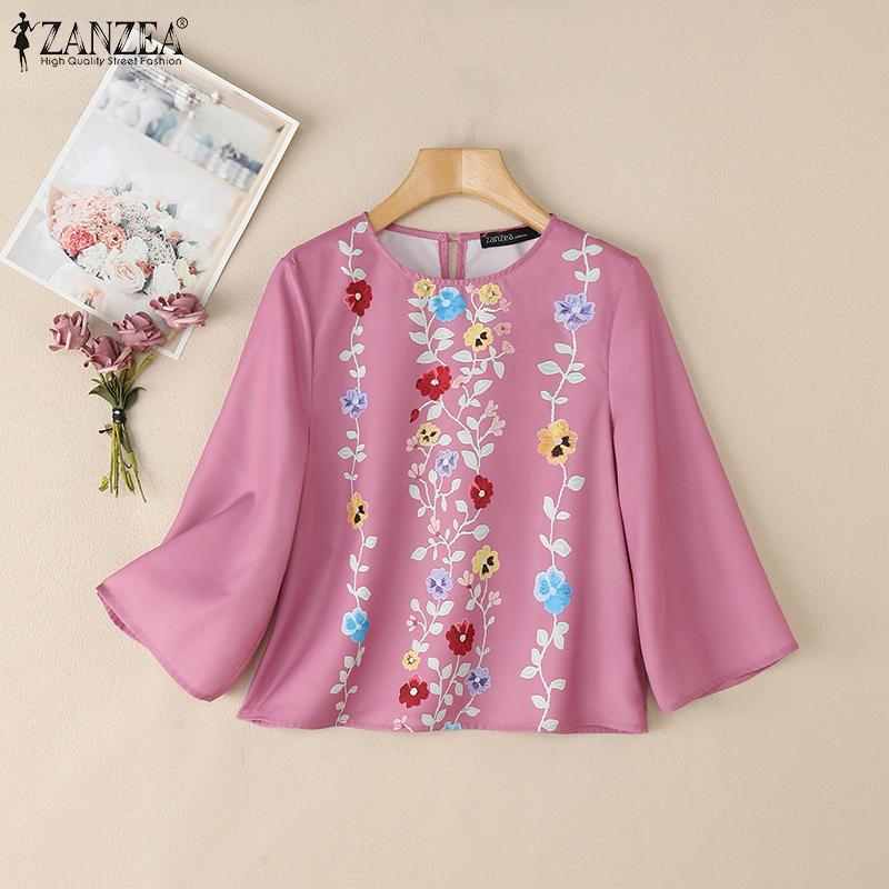 ZANZEA Женская повседневная блузка с круглым вырезом и рукавом 3/4 с цветочным принтом