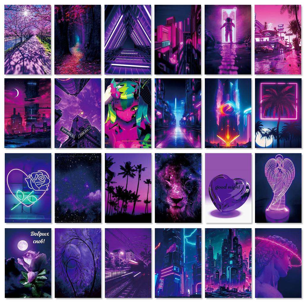50pcs Purple Neon Images Wall Kit Dorm Decor For Teens Girls Wall Art Posters