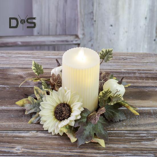 Halloween Candle Ring Wreath Artificial Pumpkin Sunflower Maple Leaf Wreath Pillar Candle Holder for Wedding Home Table Decoration