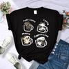 Cat Coffee Art Letter Printed T-Shirts Women Breathable O-Neck Tee Shirts Loose Short Sleeve Soft Street Casual Clothes Female