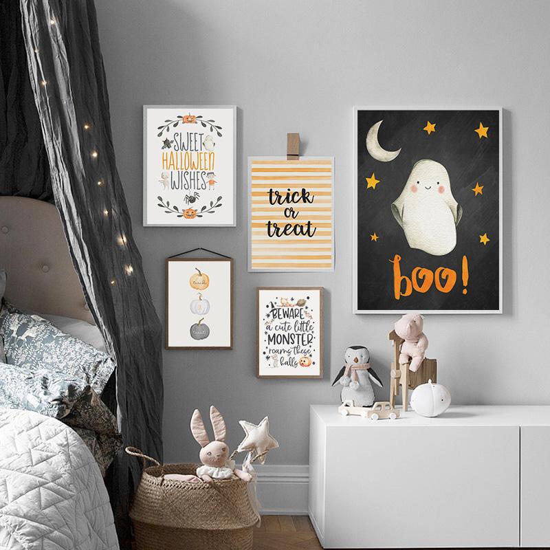 Halloween Wall Art Poster Print Pumpkin Cartoon Cute Skull Ghost Quote Canvas Painting Picture For Kids Living Room Home Decor