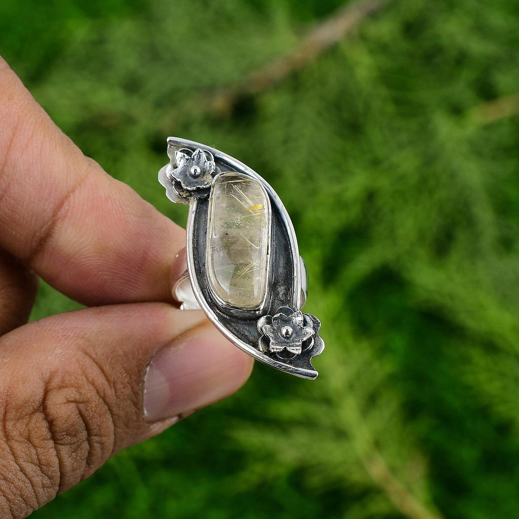 Кольцо-обещание из стерлингового серебра 925 пробы с натуральным золотистым рутилом и мультикамнем в форме цветка в безеле