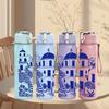 1PC Blue Santorini Building Mediterranean Print 750ml Color Plastic Sports Water Bottle Leakproof Flip Straw Lid Suitable for Sports Office Home Use