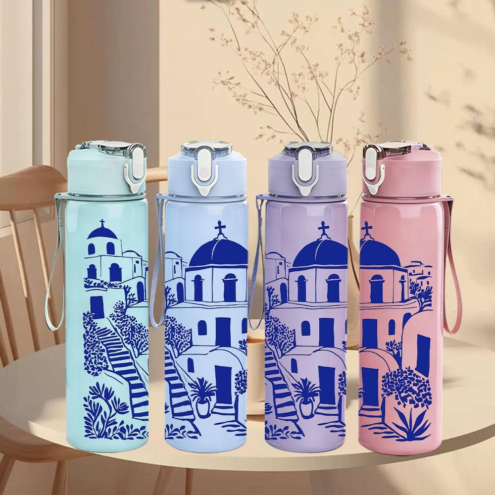 1PC Blue Santorini Building Mediterranean Print 750ml Color Plastic Sports Water Bottle Leakproof Flip Straw Lid Suitable for Sports Office Home Use