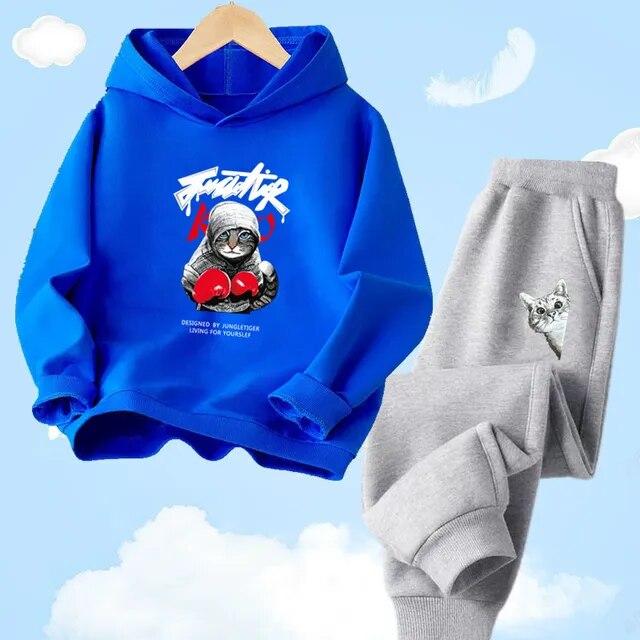 Толстовка с капюшоном + брюки для мальчиков, повседневный спортивный осенне-зимний комплект, детский комплект одежды с принтом кота и мультяшным животным