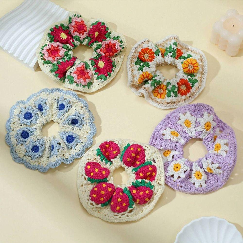 Elastic Crocheted Flower Scrunchies Flores Sweet Hair Tie Exquisite Knitted Hair Rope  Girls