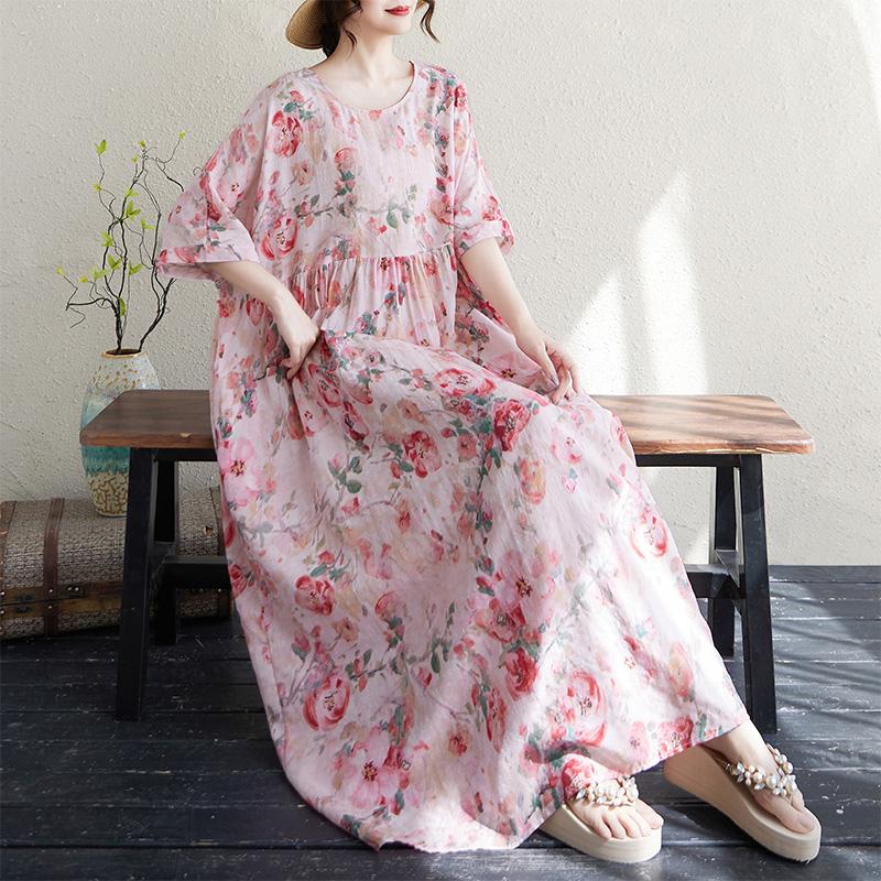 DIMANAF 2025 Летнее Платье Большого Размера Пляжное Повседневное Базовое Цветочное Женское Свободное Винтажное Новое Принтованное Длинное Платье Макси
