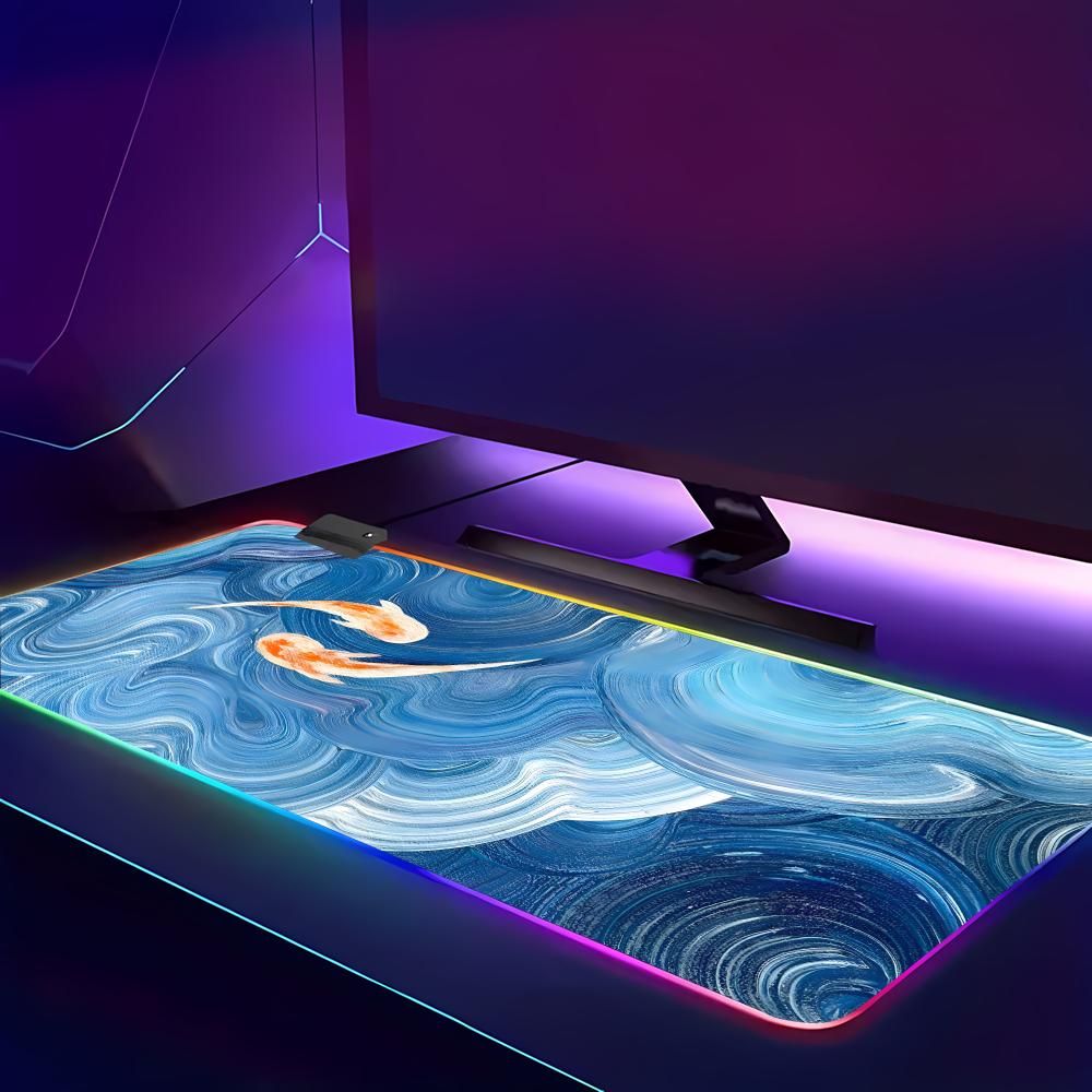 Счастливая рыба Кои Большой Коврик для Мыши RGB Игровой Коврик для Мыши HD Геймерский Большой LED Подсветка XXL Коврики для Мыши для ПК Компьютерный коврик Нескользящий