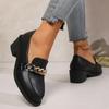 Fashion Metal Chain Black Loafers Shoes for Women 2025 Spring Comfortable Chunky Heels Pumps Woman Black Pu Leather Slip On Dress Shoes