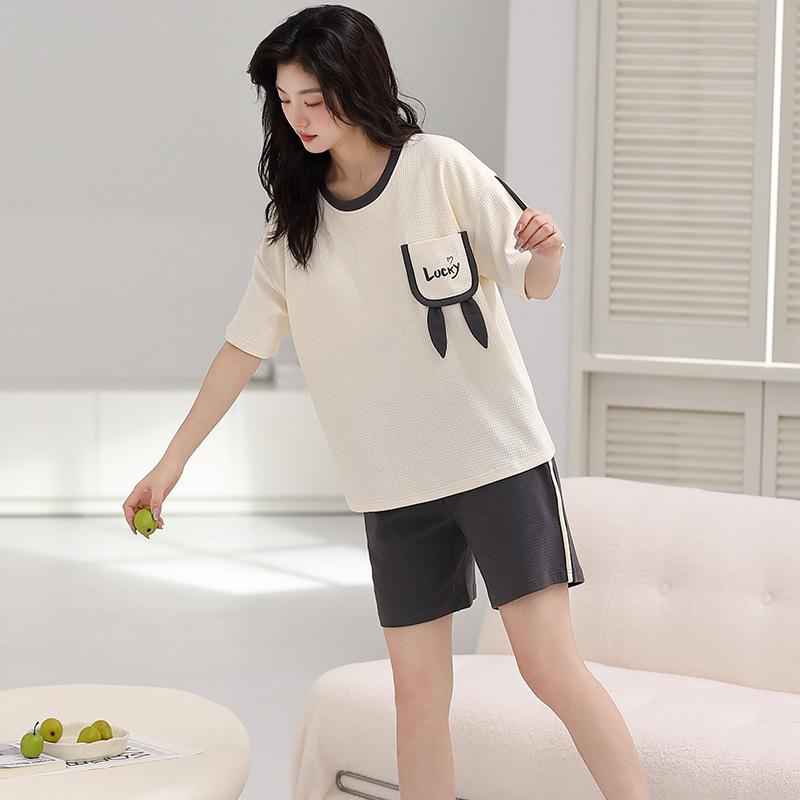 Пижама женская из чистого хлопка с короткими рукавами, студенческий пуловер с рисунком из хлопка, корейская версия, женская домашняя одежда