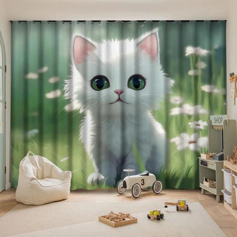 Плотные шторы с милым котом, детская комната, эркер, окно от пола до потолка, простая установка, затенение, тепло, различные узоры