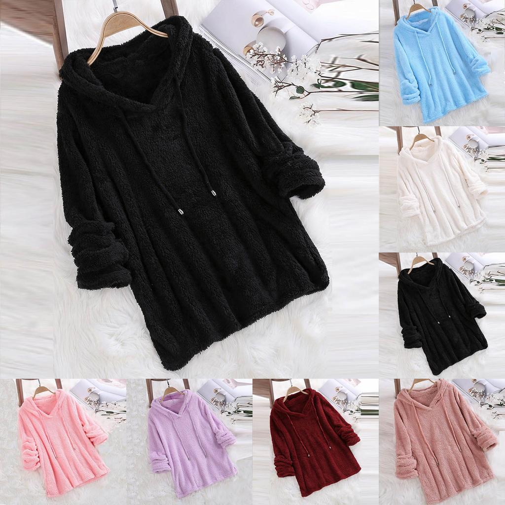 Женская мода осенне-зимний однотонный флисовый свитер с длинным рукавом и капюшоном