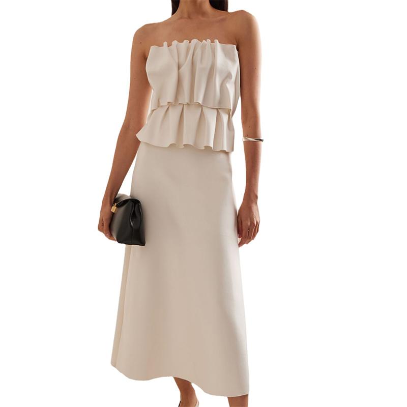 Белое плиссированное платье без бретелек, однотонное, с открытыми плечами, с защипами, модное, стройнящее, женское, пляжное, элегантное, длинное, для отдыха на пляже