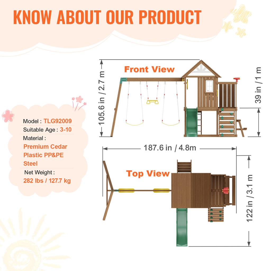 SucceBuy Деревянный игровой комплекс 9/10 В 1 для улицы для задних дворов 2 качели трапеция 6 футов горка большая верхняя крепость