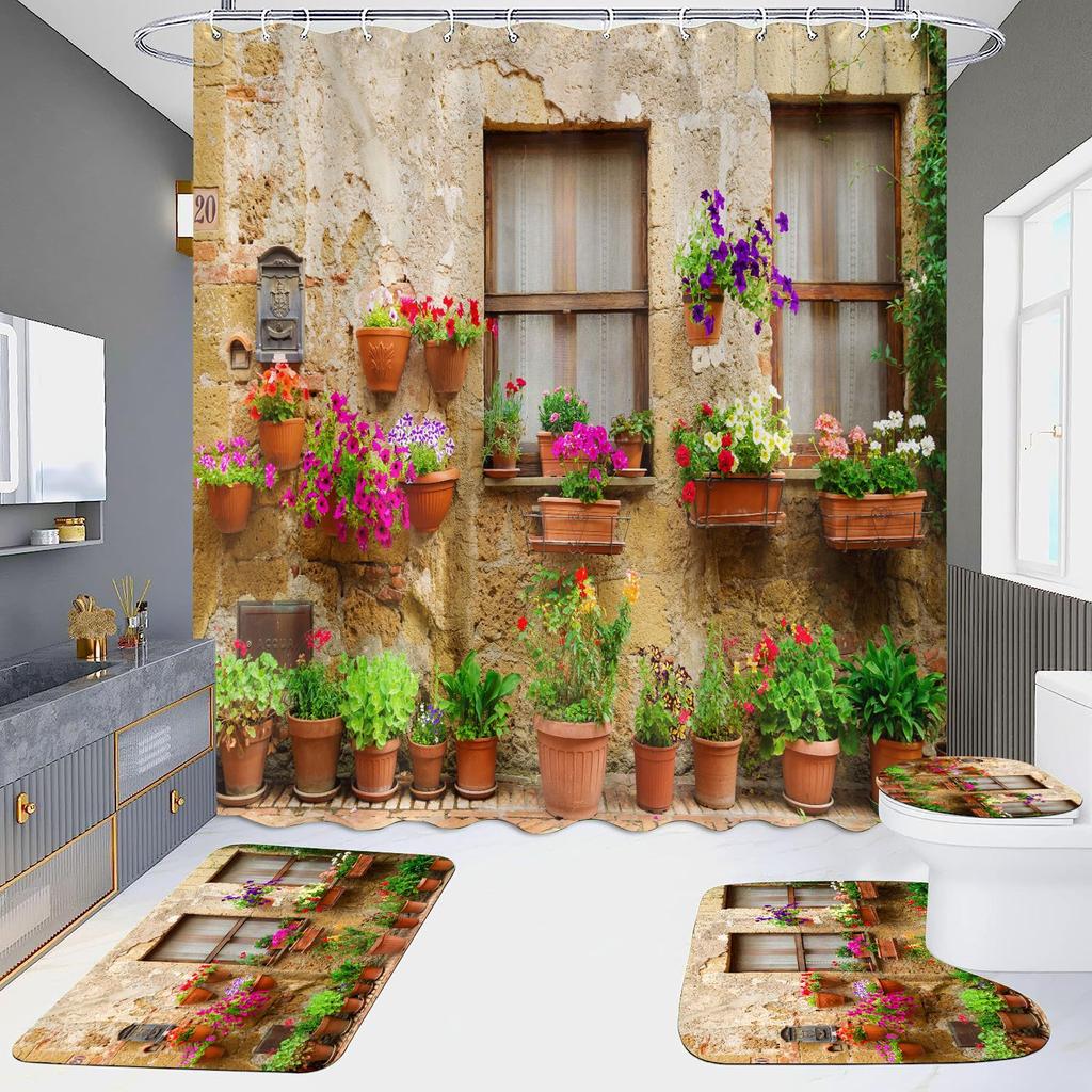 4 шт., наборы занавесок для душа в европейском стиле с архитектурой замка Мандала для ванной комнаты, нескользящие коврики для ванной комнаты, крышка для унитаза, коврик для ванной