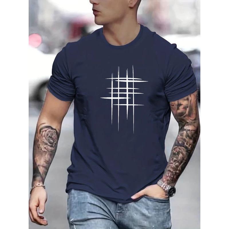 Summer Men's 100% Polyester Casual Loose Size Graphic Line Printed Neck Short-sleeved T-shirt Top