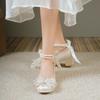 Elegant Pearls Ankle Strap Pumps Women Spring 2025 Square Toe Crystal Buckle Mary Janes Woman High Heels Party Wedding Shoes 40