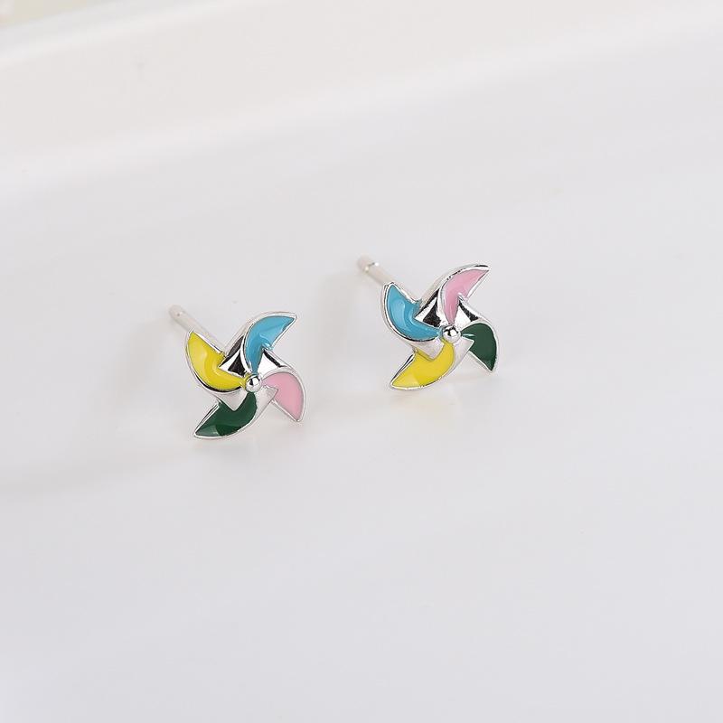 S925 Silver Glaze Colorful Windmill Stud Earrings - Star Style, Simple & Cute