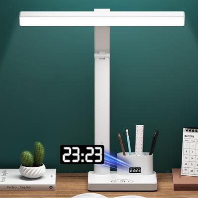 Светодиодные часы, настольная лампа, USB-зарядка, регулируемая настольная лампа, 2 головки, поворот на 180, складная защита глаз, ночник для чтения
