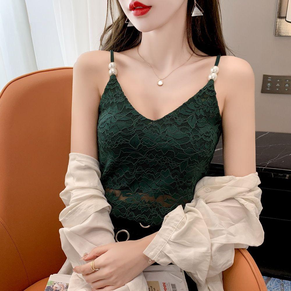 V-neck Camisole Lace Pearl Camisole Sexy Bandeau Tube Top Slim Undershirt Over Suit Underneath Tank Top