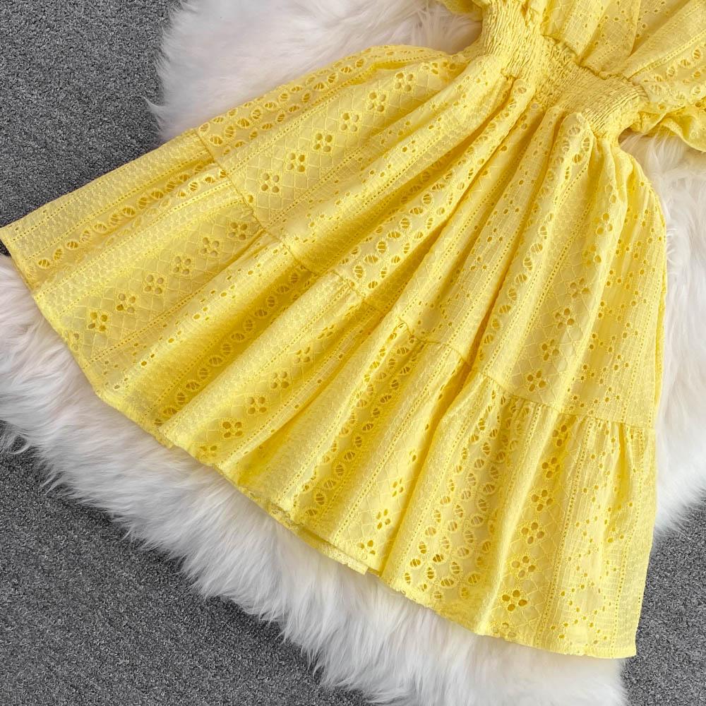 Summer Korean Hollowed-out Deep V-neck Waistband Show Thin Ruffle Sleeve A-line Seaside Holiday Beach Dress Vestidos