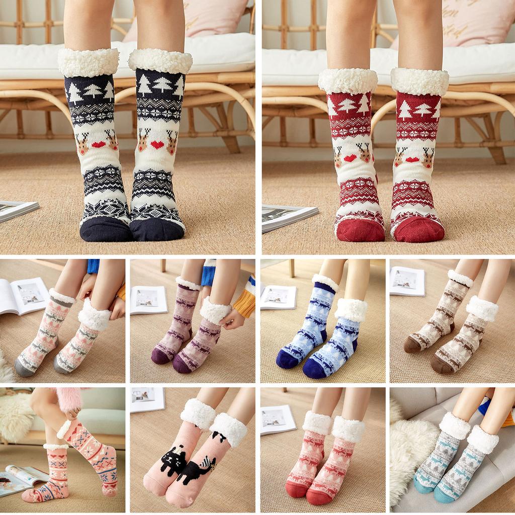 Женские рождественские тапочки, теплые носки с флисовой подкладкой, вязаные противоскользящие зимние термоноски для отдыха