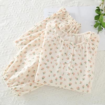 Женская пижама из чистого хлопка, женские брюки с длинными рукавами и круглым вырезом, свободная домашняя одежда с мелким цветочным принтом, детский комплект хлопковой одежды для сна