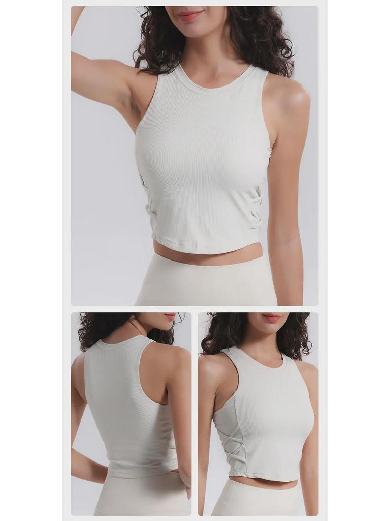 Autumn 2024 Lulu Yoga Vest with Side Waist Crisscross, High Elasticity, Moisture-Wicking, and Padded Sports Bra.