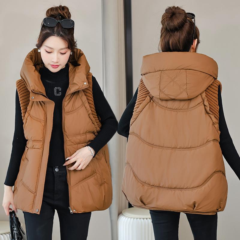 Knitted splicing casual foreign style versatile cotton vest women's thickened warm hooded winter vest new vest