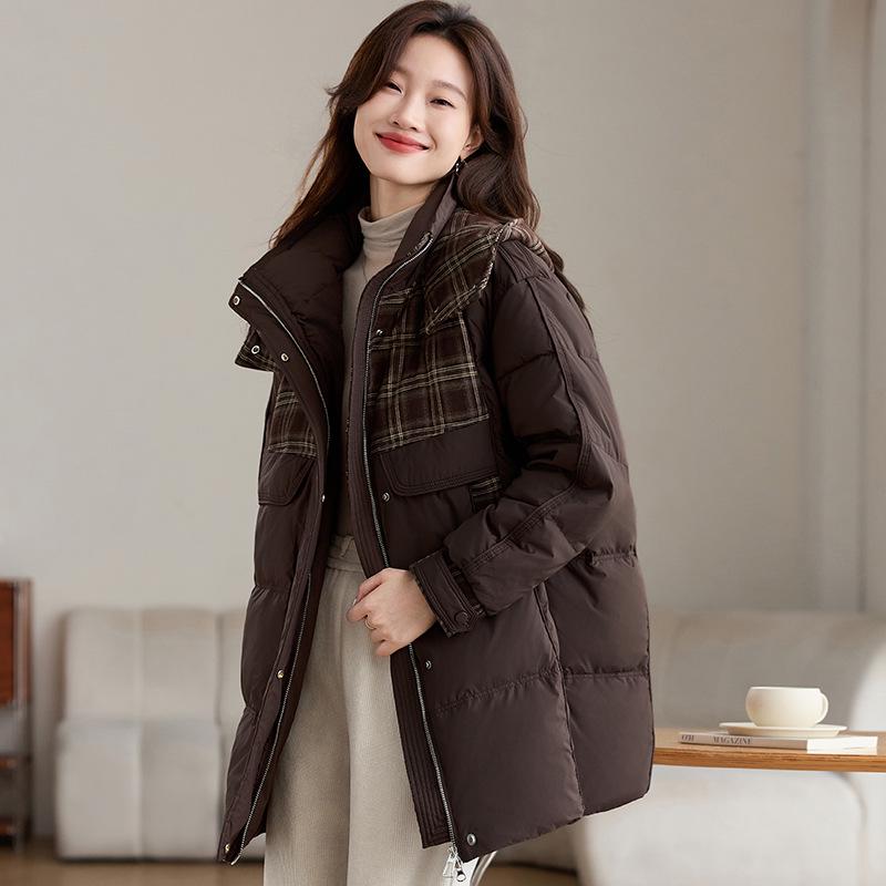 Модное женское пуховое пальто с капюшоном 2024: Средней длины, Легкий, Лоскутный дизайн