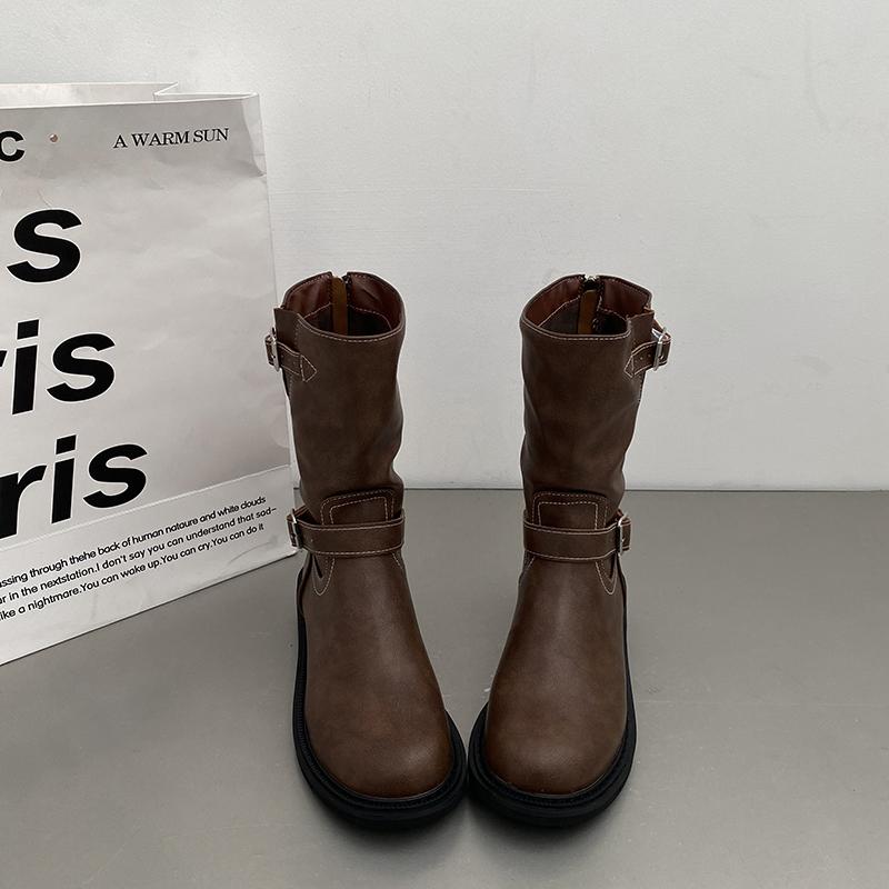 Fashion Vintage Women Western Cowgirl Boots Fashion Slip On Belt Buckle Shoes Autumn Winter Thick Heel Ladies Short Booties