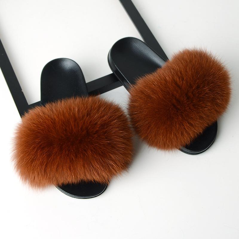 Furry Slippers for Women The Same Style In Summer Real Fox Fur Slippers Plus Size Female Sandals