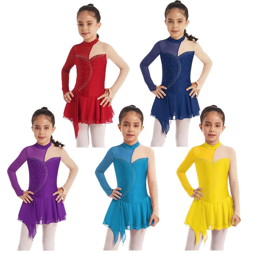 Girls Performance Dress Long Sleeve Round Neck Patchwork Design Hollow Back Rhinestone Skating Wear