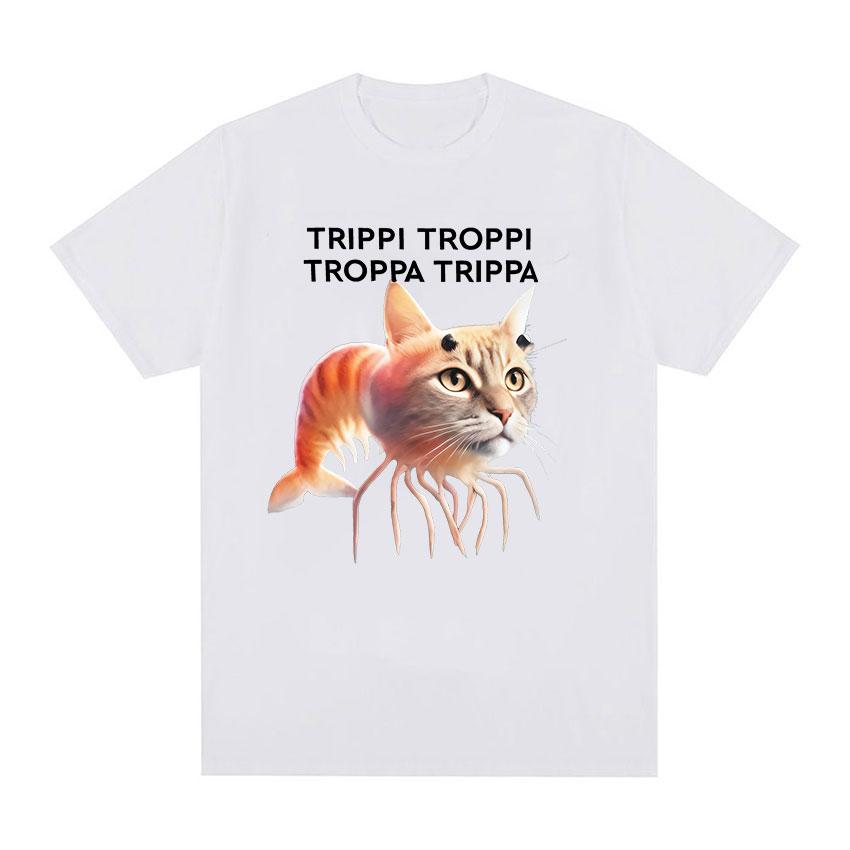 Летние футболки 2025 Trippi Troppi Кот Креветки Смешной Мем Итальянский Brainrot Юмор Футболки с коротким рукавом 100% Чистый Хлопок Печатная Футболка