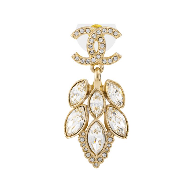 Chanel [Новинки Весна-Лето 23] 23S Серьги-подвески с кристаллами и стразами Double C, большой лист, женские, золотые