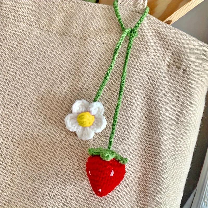 Cute Handmade Flower Knitted Pendant Car Rear View Mirror Decor Hanging Crochet Pink Strawberry Bag Key Pendant Women Girl Gift