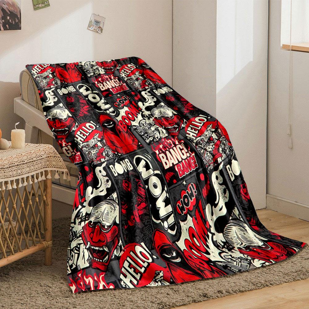 Comic-style collage with bold red, black, and white graphics and text. for all seasons blanket lunch break throw gift