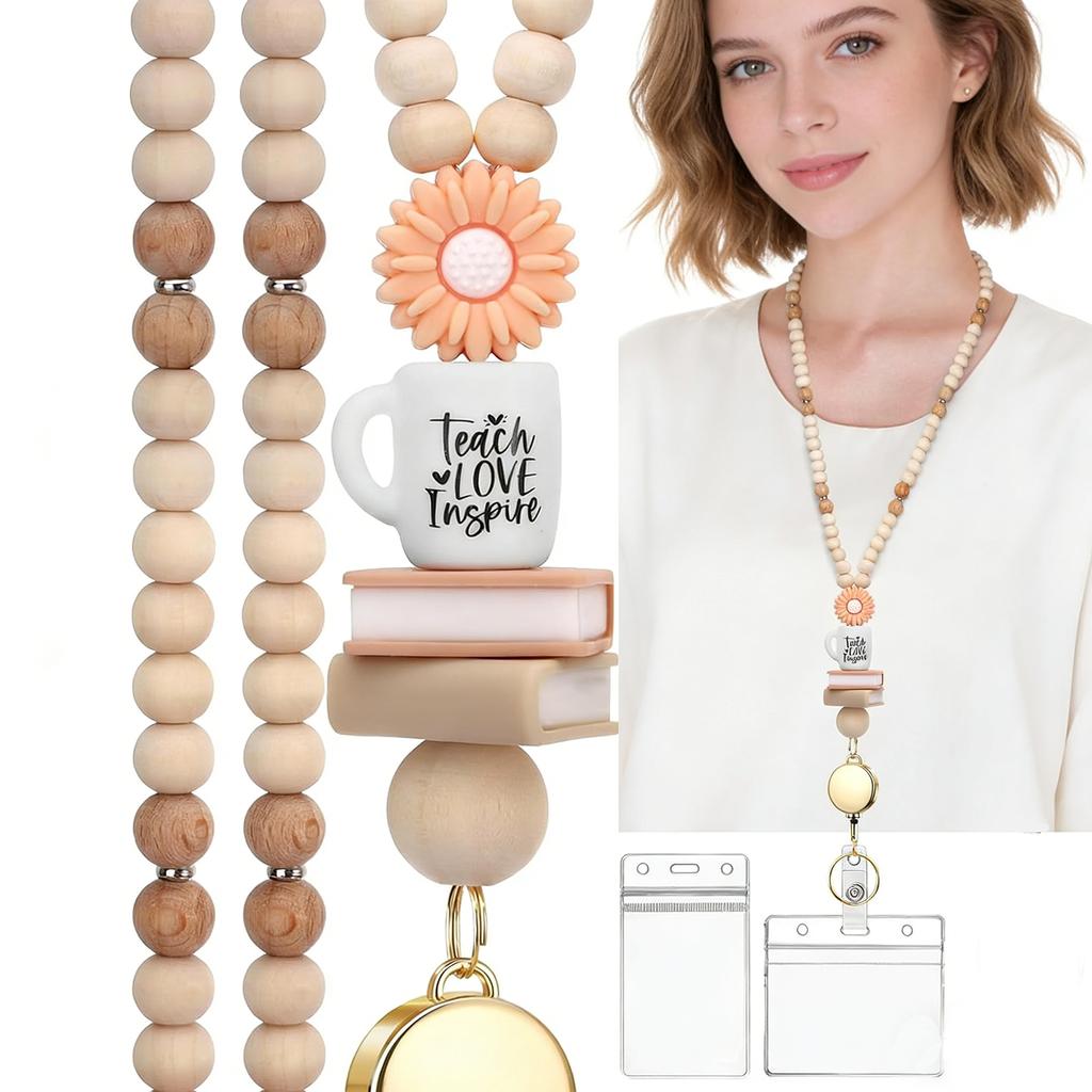 1pcs Set Daisy Teacher Lanyard with Retractable ID Badge Reel & ID Card Holder Cute Cup Book Pattern Neck Strap for Keys Keychai
