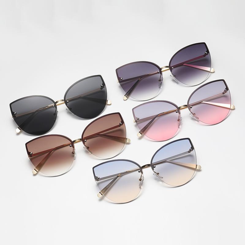 2pcs Frameless Large Cat Eye Sunglasses Gradient Lens Sun Glasses Trendy Metal Frame Eyeglasses Women Shades Men UV400