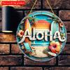 2D Flat 20*20cm1pc Aloha Beach Scenery Vacation Style Round Wooden Hanging Sign, Summer Flower&Coconut Tree&Surfboards&lounge Chairs Patterns