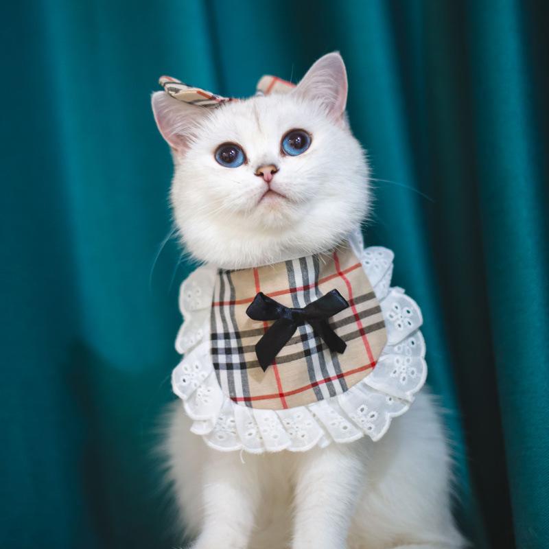 Plaid elastic dog cat pet saliva towel lace lace pet triangle scarf bib supplies